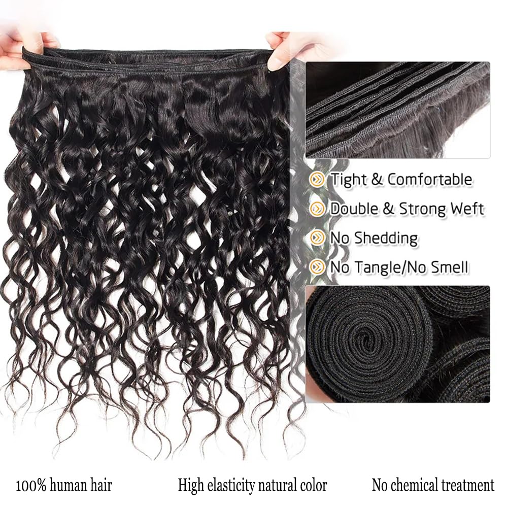 Water Wave Human Hair Bundles Brazilian Remy Water Wave Human Hair Bundles 10A Curly Human Hair 3 Bundles Unprocessed Human Hair Extension Double Weft Natural Color for Black Women 20 22 24inch