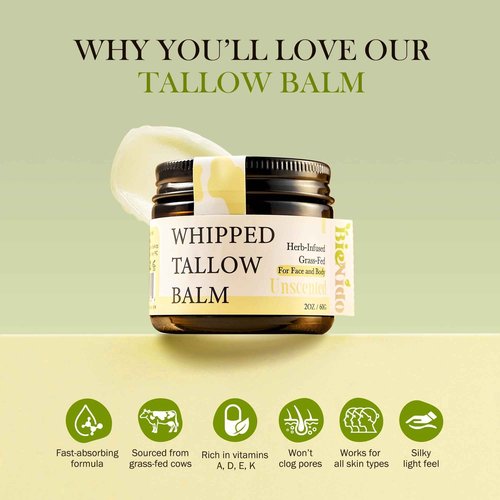 BieNido Organic Beef Tallow for Face, Grass Fed Tallow and Honey Balm with Raw Honey and Jojoba Oil for Sensitive and Dry Skin (2 Oz (Pack of 2), Unscented)
