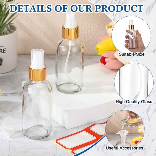 Fumete 2 Pack Glass Bottles 4oz Empty Refillable Liquid Containers with 1 Label 1 Funnel for Essential Oils Hair Travel Plants Cleaning Skin Care(Clear, Golden Top,Mist Bottle)