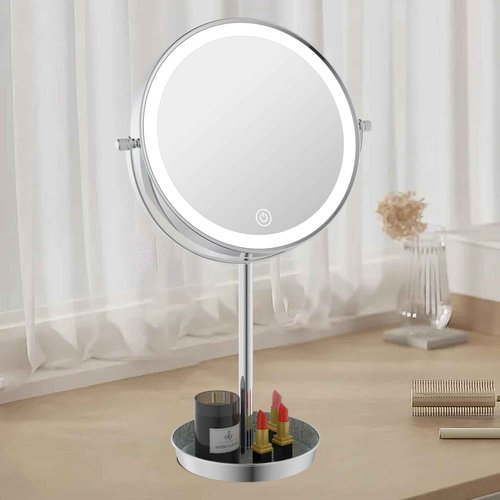 LANSI 8" Lighted Makeup Mirror with 3 Color Lights and 1X 10X Magnification, Magnifying Vanity Mirror with Jewelry Holder and Storage Base, Dimmable,Touch Control, Chrome