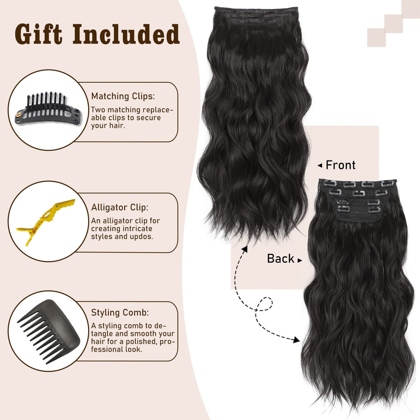 QGZ Natural Black Clip in Hair Extensions for Women 4 PCS Set of Thick, Synthetic Long Wavy Hair Extension 20 Inch