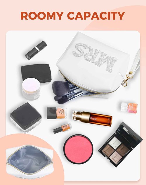 Fmeida MRS Patch Makeup Bag Bride Small Cosmetic Bag for Purse with Pearl Rhinestone Patches White PU Leather Detachable Handle Bride to be Gifts for Bachelorette Party Wedding Bridal Shower