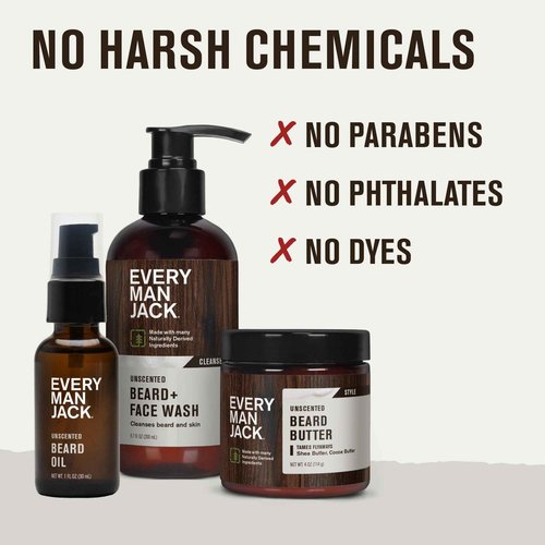 Every Man Jack Unscented Beard Bundle - Fragrance Free for Sensitive Skin - Contains (1) each of Beard & Face Wash, Beard Butter, and Beard Oil