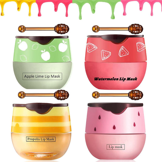 Bee Lip Balm Honey Pot, Honey & Strawberry & Watermelon&Apple Lip Mask Overnight Lip Sleeping Mask with Stick,Prevention Dry and Cracked Lip Scrubs Exfoliator(Green Pink Yellow Red)