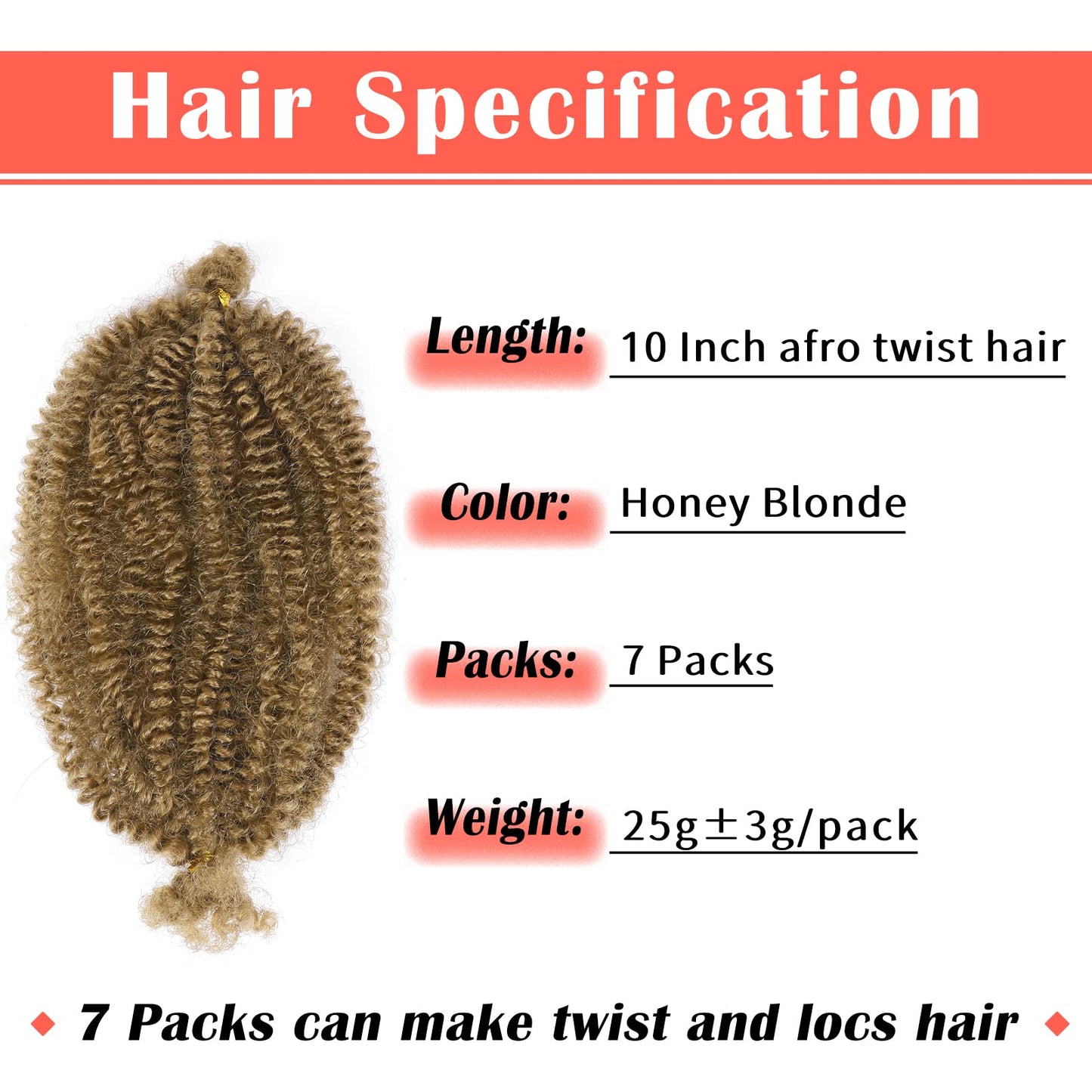 Marley Hair 10 Inch 7 Packs Honey Blonde Marley Twist Braiding Hair for Soft Faux Locs Crochet Hair Pre Separated Springy Afro Twist Hair Pre Fluffed Spring Twist Hair Extensions(10",27#)