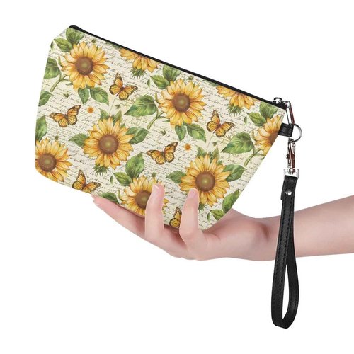 Suhoaziia Retro Sunflower Butterfly Cosmetic Bag for Women Travel Organizer Makeup Bag Zipper Purse Lightweight Toiletry Organizer Pouch Clutch Bag with Wrist Strap