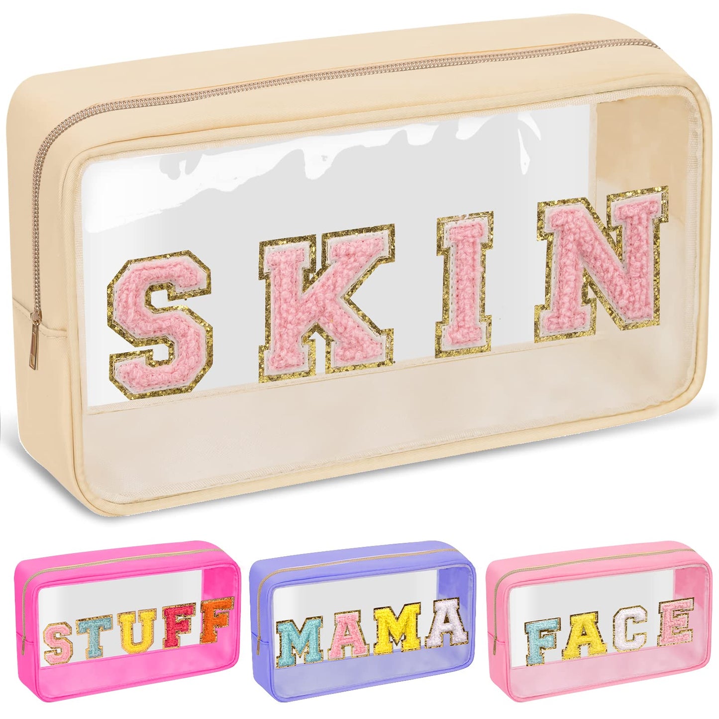 Chenille Letter Clear Makeup Bags Skin Pouch, Preppy Patch Makeup Bag with Zipper, Transparent PVC & Nylon Waterproof Portable Glitter Cosmetic Bag Travel Toiletry Storage for Women Girl(SKIN-Beige)