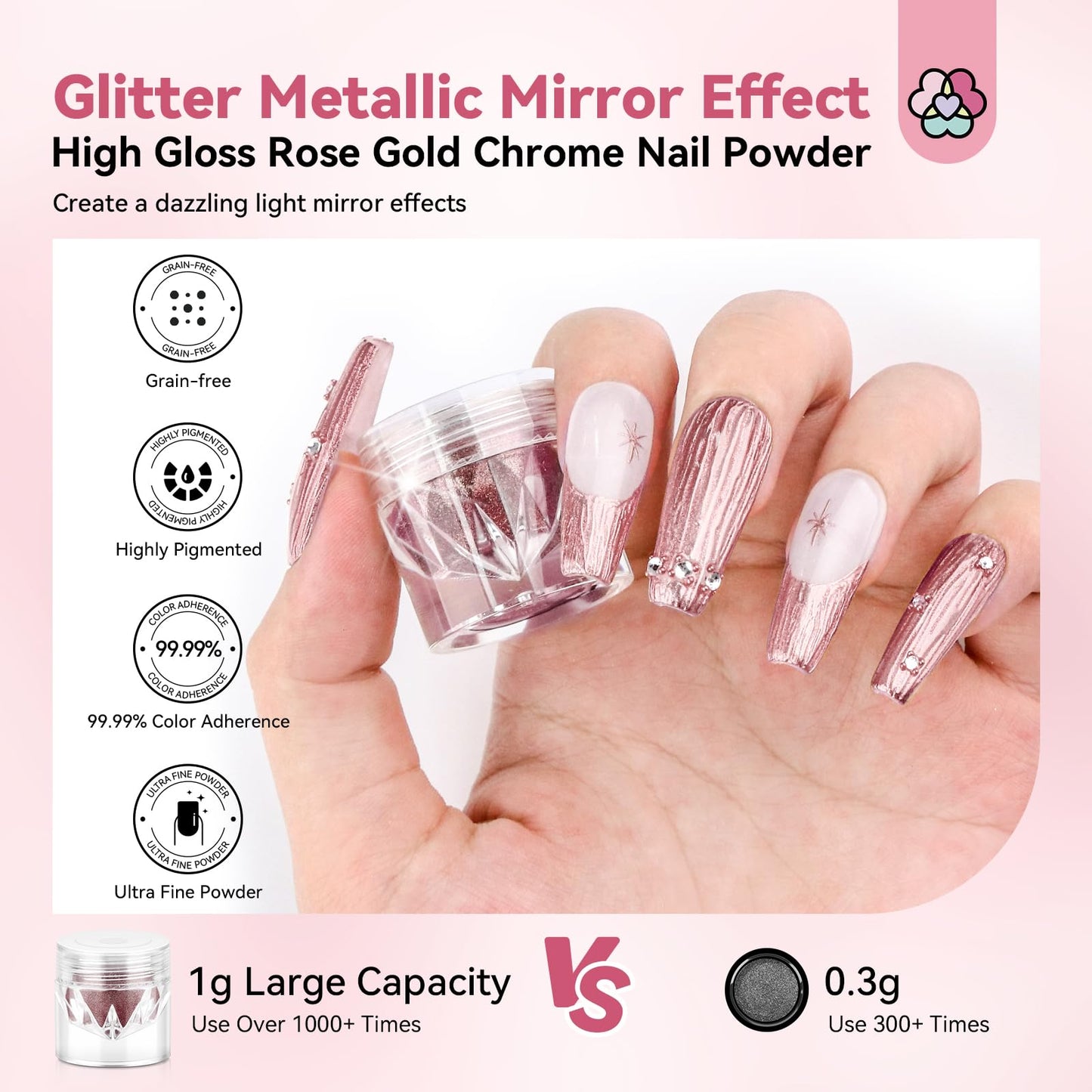 Saviland Rose Gold Chrome Nail Powder - 1g Metallic Mirror Effect Rose Gold Chrome Powder for Nails, Professional Gel Polish Chrome Powder Nail Glitter Manicure Pigment for Nail Art Design Home DIY