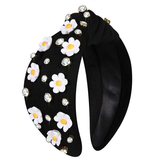 NVENF Flower Headbands for Women Spring Summer Floral Knotted Headbands Crystal Rhinestone White Pink Wide Top Knot Headband Beach Summer Hair Accessories Outfits Gifts (Flower B - Black)