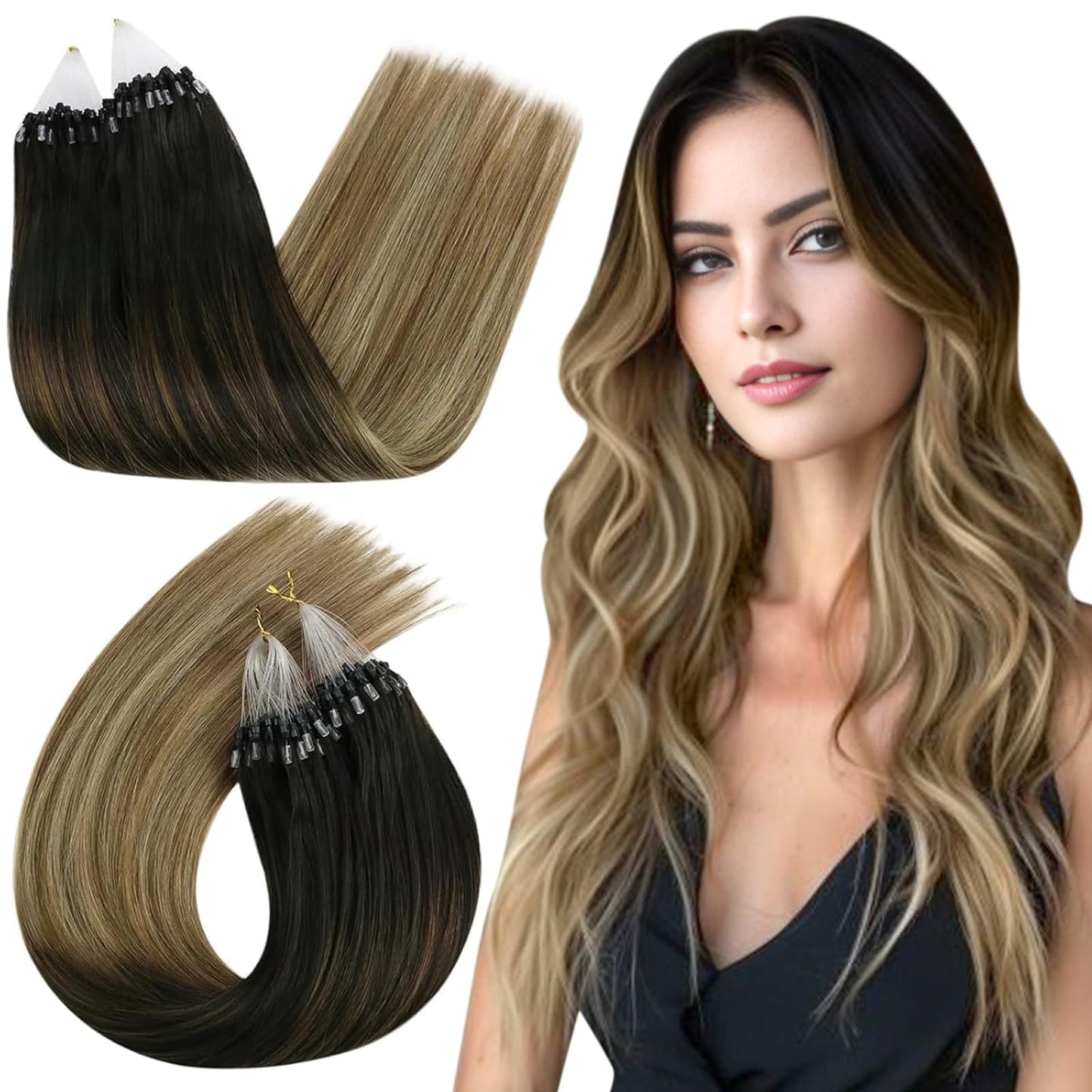 Ugeat Microloop Hair Extensions Real Human Hair Darkest Brown Mix Medium Brown with Golden Blonde Balayage Micro Rings Hair Extensions 14 inch 50S 50G