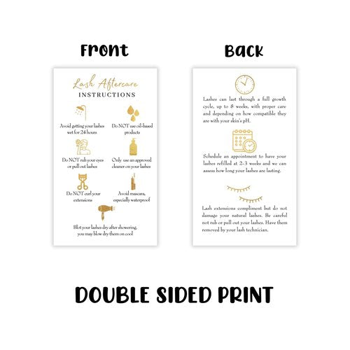Lash Extension Aftercare Instructions Cards | 50 Pack | Size 3.5x2" inches After Care (2-3 Week Fillers) | White with Gold Icons Design