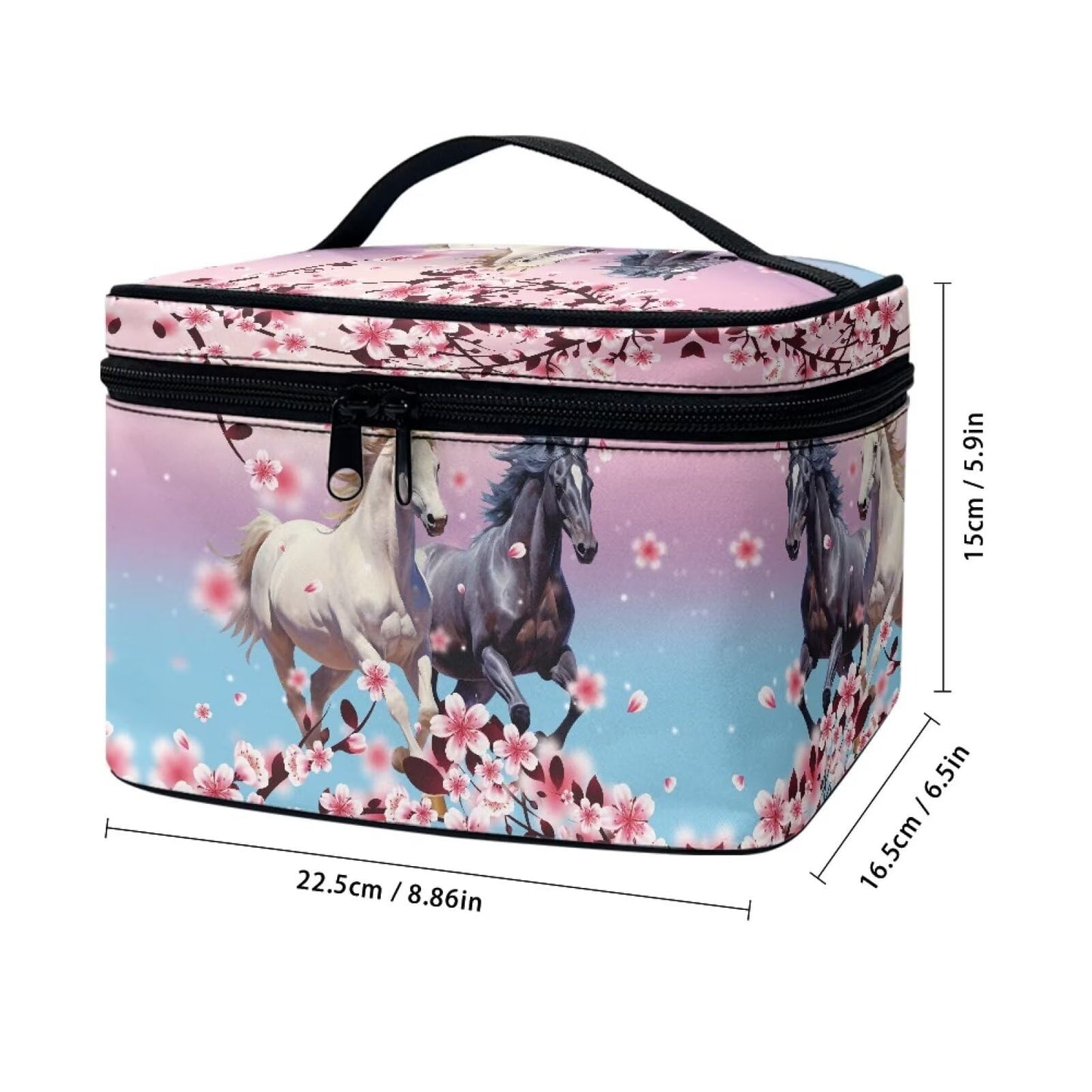 ELEDIZI Horse Makeup Bag for Women Pink Cherry Blossom Cosmetic Bag with Brush Slot Make Up Travel Bag Organizer Large Capacity Toiletry Bag with Zipper Travel Size Skincare Bag Travel Gifts for Women