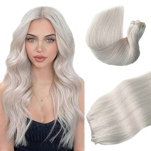 Sew in Hair Extensions Human Hair Weft Silvery Grey Hair Extensions Sew in Real Human Hair Invisible Weft Human Hair Colored Weaving Hair for Full Head 14inch 80g
