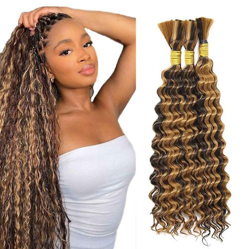 P427 Highlight Blonde Human Braiding Hair Deep Wave Bulk 12 12 12 Inch 150g/3 Bundles Light Honey Blonde Deep Wave Braids Human Hair Extensions