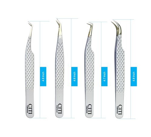 CITI GLAMOUR Lash Tweezers For Eyelash Extension set of 4 with Diamond Grip and Precise Fiber Tip For Volume,Mega Volume And Classic Lashes,Ideal for Lash Artist and at home use