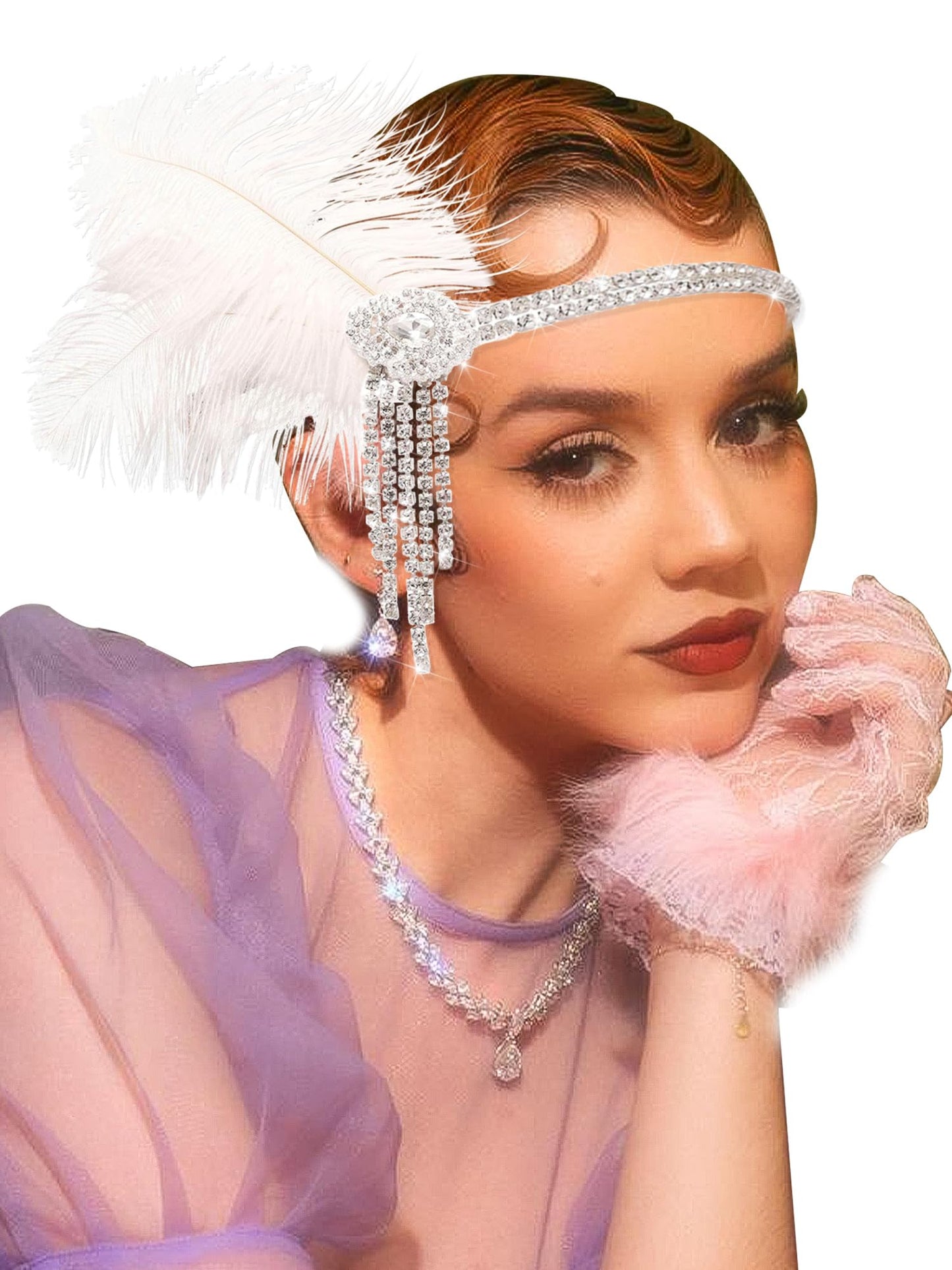 NAISKA 1920s Flapper Feather Headpiece Great Gatsby Rhinestone Tassel Headbands Vintage Roaring 20s Showgirl Gatsby Hair Accessories for Women and Girls