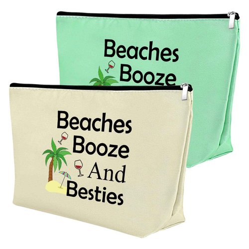 2Pcs Beach Gifts for Women Makeup Bag Beach Lover Gifts Funny Vacation Gift Cosmetic Bag Beach Themed Gift for Girl Bestie Birthday Christmas Graduation Gift for Beach Lover Travel Pouch (Green,Beige)