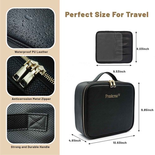 PRALENA Portable Travel Cosmetic Bag with LED, 3-color Adjustable Cosmetic Organizer, Women's Cosmetic Case, Mirror Makeup Bag Case Rechargeable (Black)