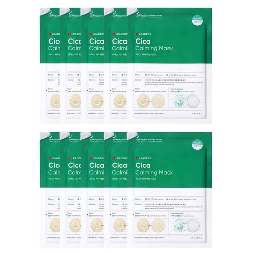 LEADERS Insolution Cica Calming Mask - Soothing Relief for Irritated & Sensitive Skin | Helps Reduces & Relieves Redness | Calming Care, Sebum & Moisture Control, Easy Peel Pouch - 10 Sheets