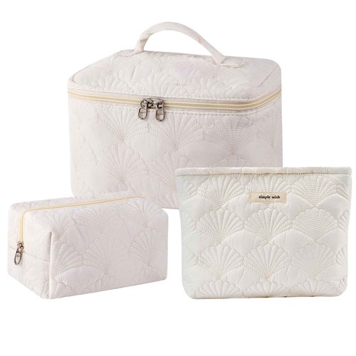 RSRSLEII 3Pcs Quilted Cotton Coquette Makeup bag, Coastal Granddaughter Aesthetic Cosmetic Bag, Cute Seashell Portable Travel Toiletry Pouch (08 3Pcs White)