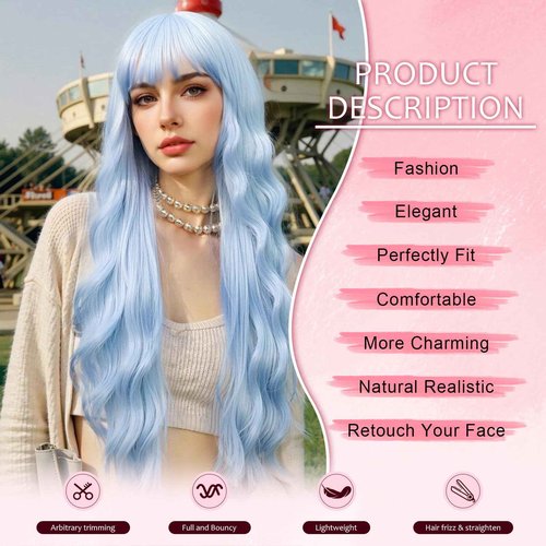 NOSTALGIA Halloween Blue Wigs for Women 26 Inch Blue Wig with Bangs Long Wavy Synthetic Heat Resistant Wig for Daily Cosplay Use