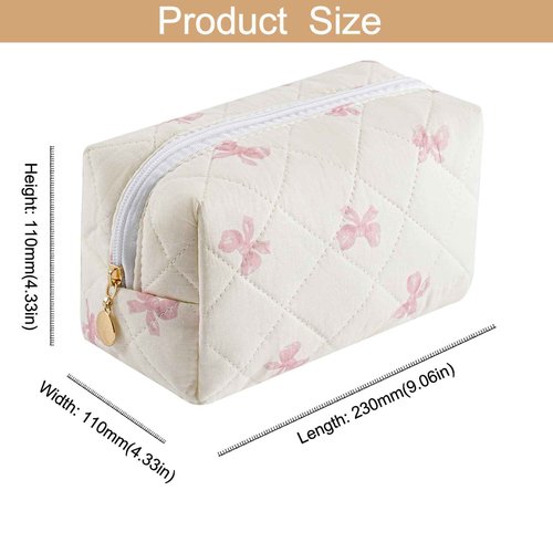 HHQQWZ Cute Floral Cotton Makeup Bag, Quilted Makeup Bag for Women Girls, Travel Floral Cosmetic Bag Zipper Make Up Pouch, Flowers Toiletry Organizer Bag (Small Red Bowknot)