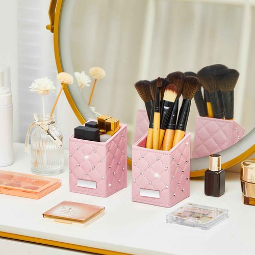 ReliThick 2 Pcs Pink Makeup Brush Holder Crystal Bling Brushes Cup PU Leather Waterproof Glitter Makeup Holder for Women Travel Cosmetic Storage Organizer Dresser Vanity Accessories