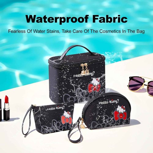 Vimanllie Travel Makeup Bag Large Cosmetic Bags with Brush Holder, Black Waterproof 3PCS Portable Cosmetic Case for Women, Toiletry Bag for Skincare & Beauty Tools for Her