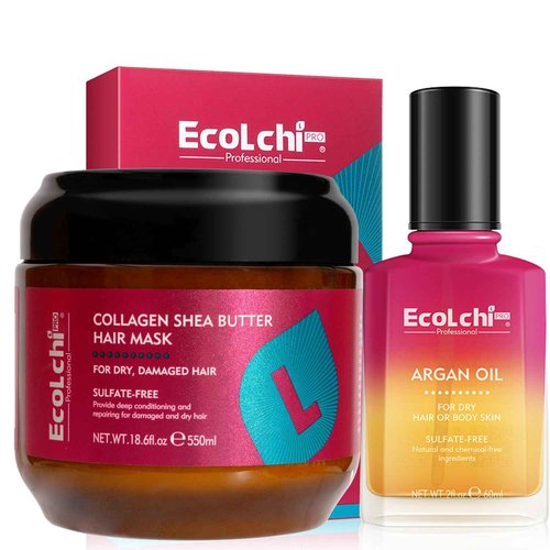 ECOLCHIPRO Ecolchi Hair Mask Argan Oil Set Deep Repair Conditioning Collagen Hair Treatment for Dry and Damaged Hair All Hair Types 550ml+60ml 18.6floz + 2floz