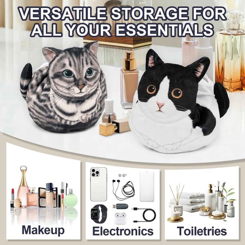 GKIOYRO Drawstring Makeup Bag, Cute Cat Travel Makeup Bag Gifts for Women, Large Cosmetic Bag for Women, Travel Toiletry Bag (Gray Cat)