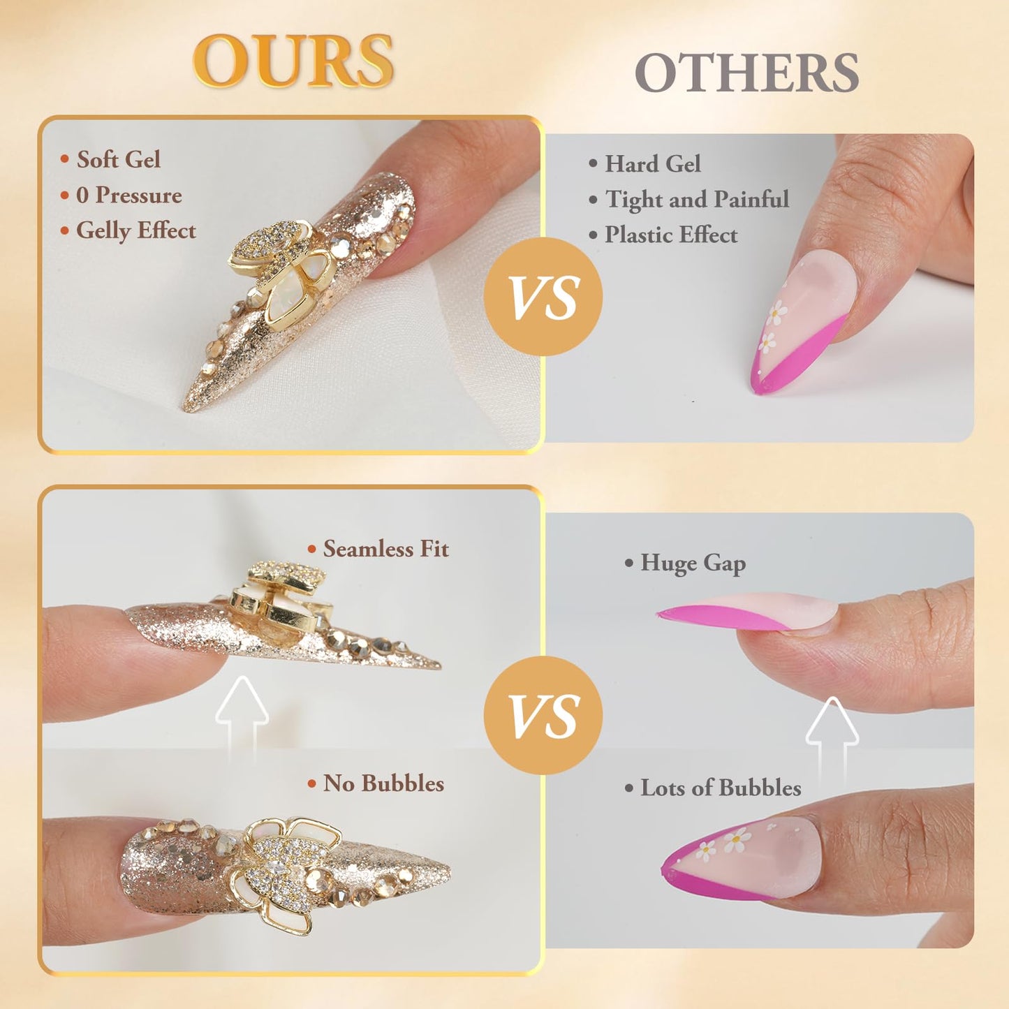 Kaquee-Really Handmade Press on Nails Long,Luxury Golden Stiletto Fake Nails Y2k,Glue Stick on Nails with Butterfly Bling Rhinestones,Nail Art Gifts for Women Girls (Silver, XS)