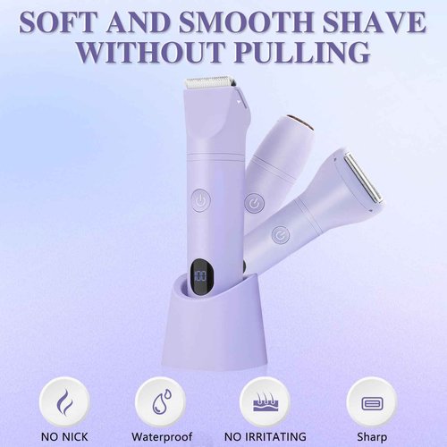 3-in-1 Bikini Trimmer for Women, IPX7 Waterproof Electric Shaver for Women-Rechargeable Electric Razors for Pubic, Facial & Body Hair Trimmer with LED Display, Travel Kit & Painless Blades (Purple)