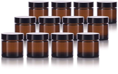 1 oz / 30 ml Amber Thick Wall Glass Straight Sided Jar with Black Smooth Lined Lids (12 Pack)