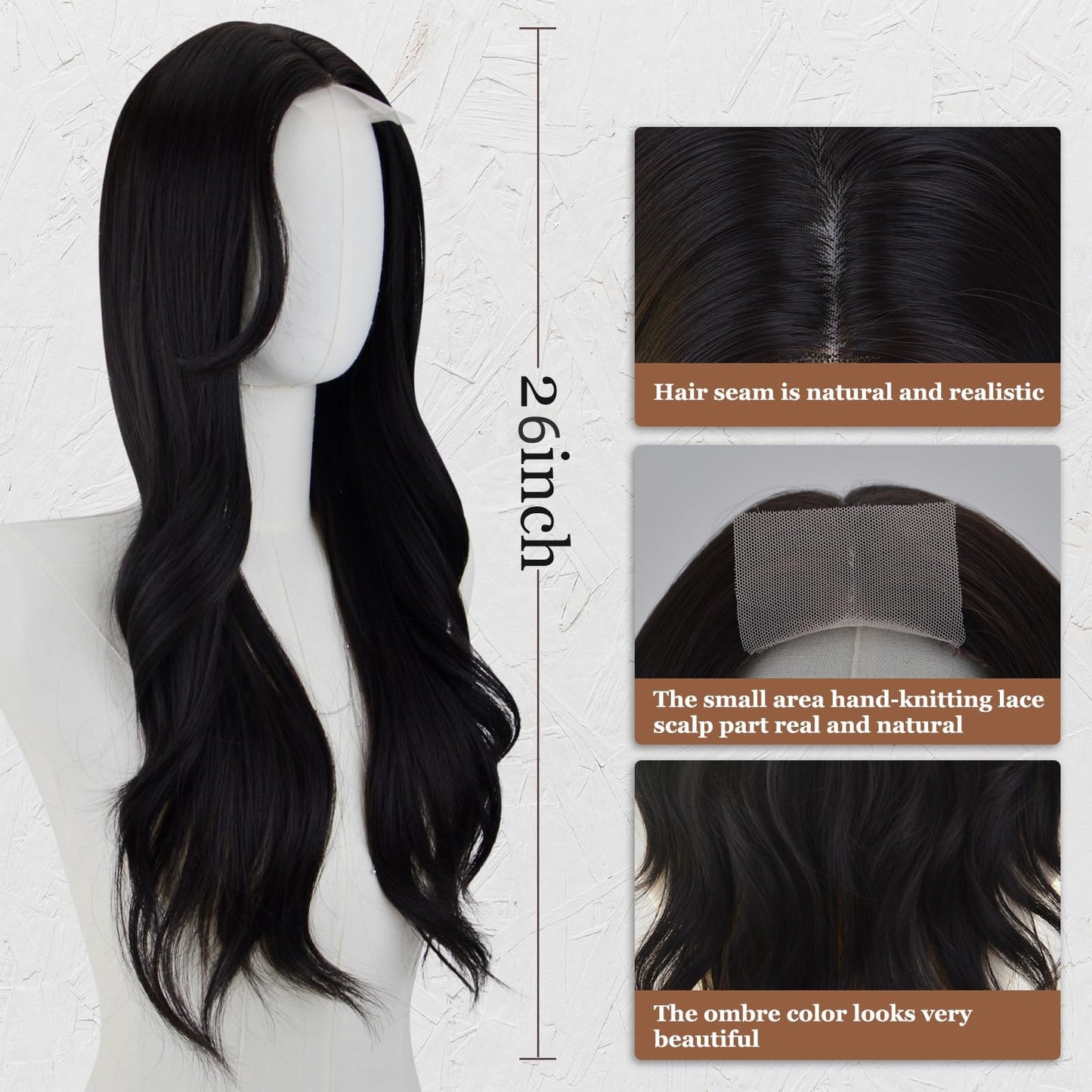 AICKER Long Black Wavy Wig for Women 26 Inch Middle Part Curly Wavy Wig Natural Looking Synthetic Heat Resistant Fiber Wig for Daily Party Use (Black)