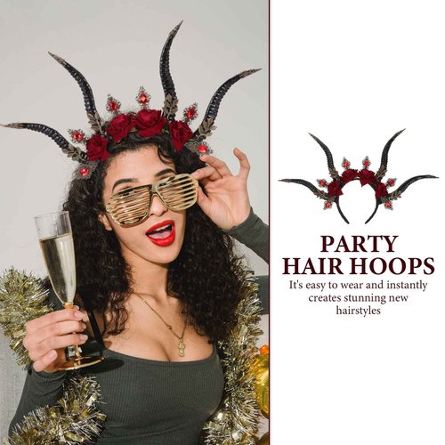 Beavorty Halloween Horn Headband Roses Garland Gothic Hairband Gothic Demon Crystal Headpieces Forest Animal Photography Props for Halloween Headdress Cosplay