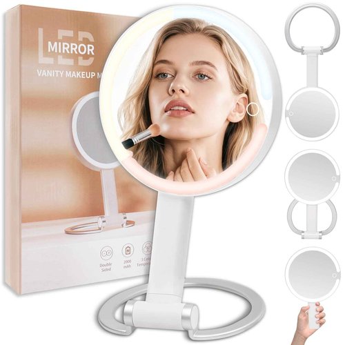 Magnifying Mirror with Light, Makeup Mirror with Lights and Adjustable Brightness, Hanging and Handheld Mirror with Handle, Travel Portable Lighted Makeup Mirror, 360°Rotation, Memory Function 1X/10X