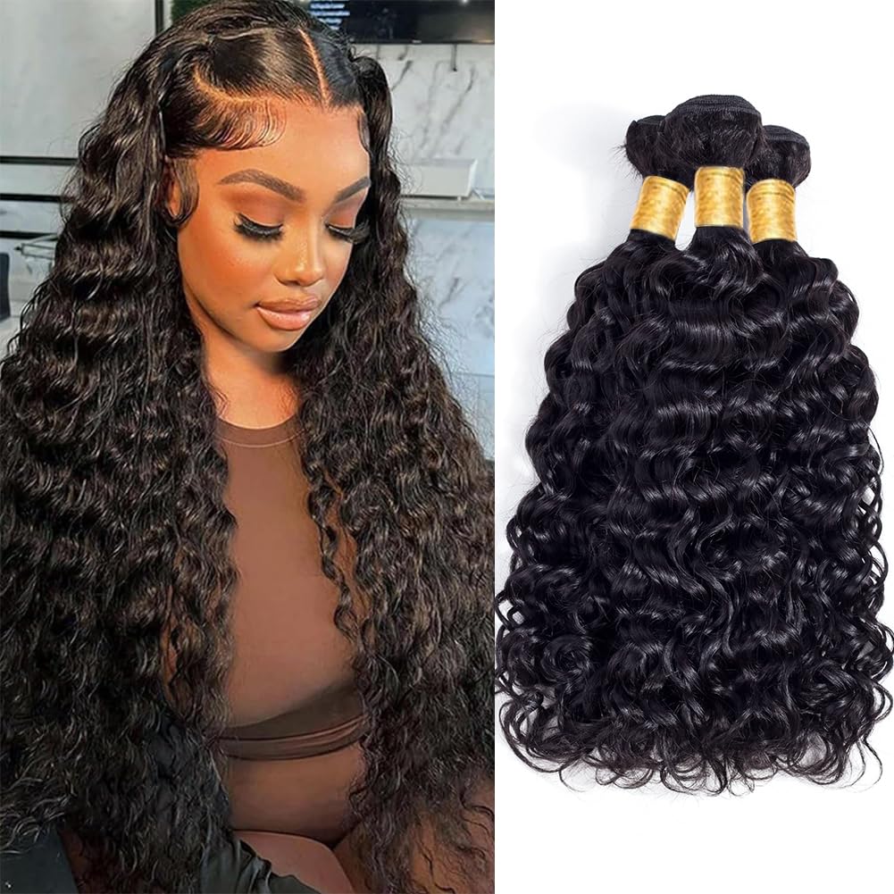 Water Wave Human Hair Bundles Brazilian Remy Water Wave Human Hair Bundles 10A Curly Human Hair 3 Bundles Unprocessed Human Hair Extension Double Weft Natural Color for Black Women 20 22 24inch