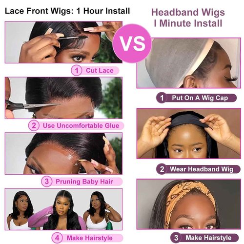 Headband Wig Human Hair Straight Headband Wigs for Black Women Glueless None Lace Front Human Hair Half Wig Brazilian Virgin Hair Machine Made Wigs Natural Color 150% Density 12 Inch