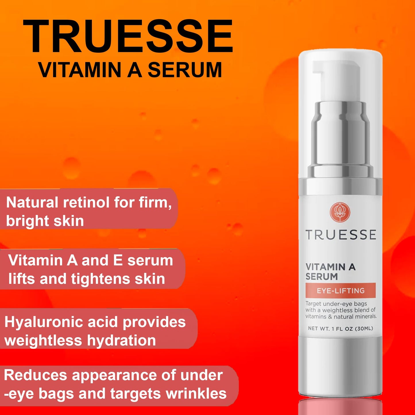 TRUESSE Ayurvedic Vitamin A Serum – Natural Retinol for Firm Bright Skin - Reduces Under Eye Bags – Hyaluronic Acid for Hydration