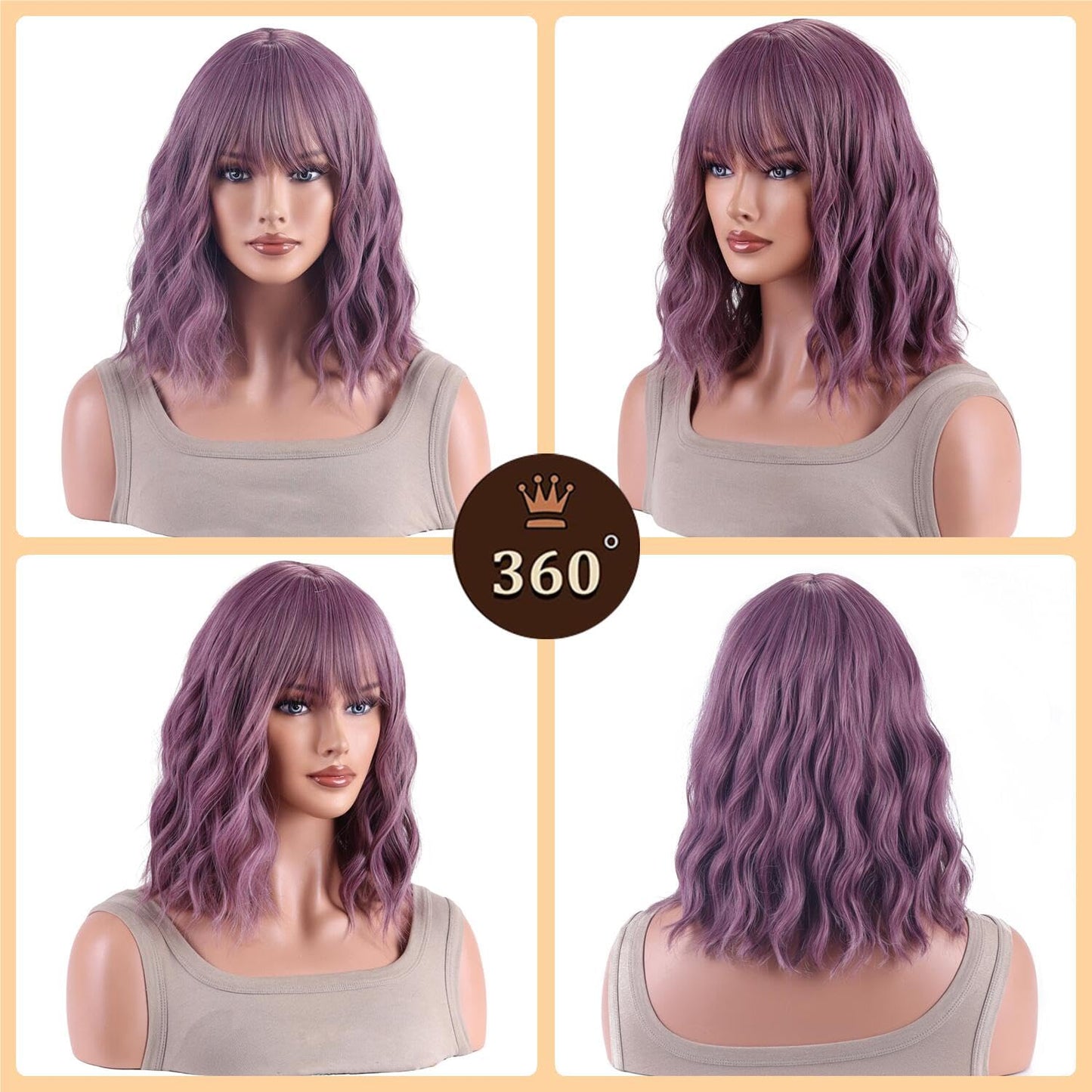 AneShe Purple Wig Short Purple Wavy Bob Wig for Women Curly Synthetic Hair Wig With Air Bangs Shoulder Length Colored Costume Wigs for Party Cosplay (14" Taro Purple)