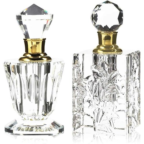 Okuna Outpost Crystal Glass Perfume Bottle Set - Refillable Perfume Bottles for Fragrance & Oils - Boudoir Props - Pack of 2, Transparent Glass, Round