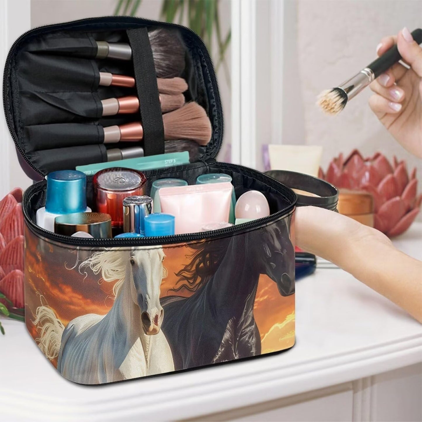 Psaytomey Cosmetic Brush Bags Case for Women Black White Horse Printed Travel Makeup Bags for Storage Brush Tools Concealer Lipsticks Toiletries Accessories