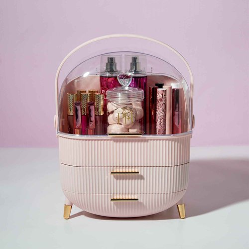 Paris Hilton Makeup Storage Organizer with Lid, Cosmetics and Skincare Organizer for Vanity, Portable Makeup Storage Box for Countertop, Fluted Design with Gold Accents, Pink