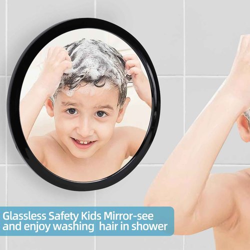 YoHumk Fogless Shower Mirror for Shaving and Makeup with 3 Removable Powerful Suction Cups, Shatterproof Anti Fog Mirror for Shower and Bathroom, Glassless Safety Kids Mirror (Black)