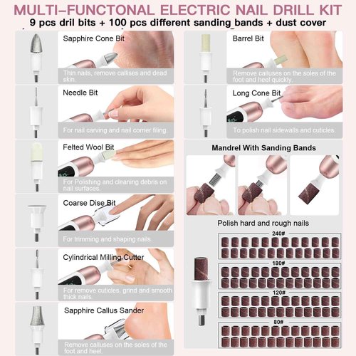 Electric Nail File Set, 9 in 1 Professional Manicure and Pedicure Kit, Cordless Nail Drill for Feet, LCD Display 10 Speeds Electric Nail Drill Machine, Hand Foot Care Tool