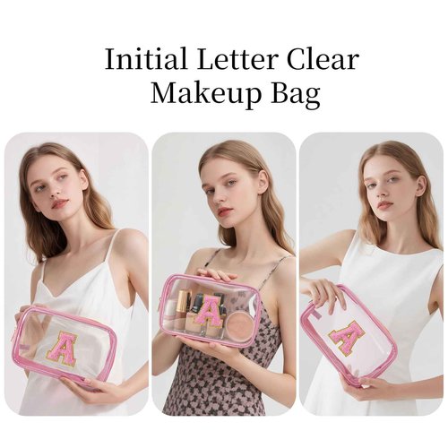 Ausolphia Personalized Initial Letter Makeup Bag Clear Preppy Cosmetic Pouch Waterproof Zipper Beach Travel Toiletry Bag Organizer for Women Pink A