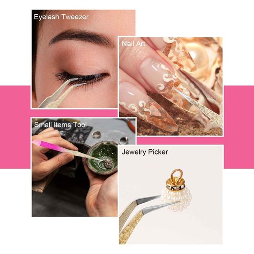 Jeffdad 2 Pcs Nail Art Tweezers with Straight & Curved Tips, Silicone Pressing Head for Nail Crafts