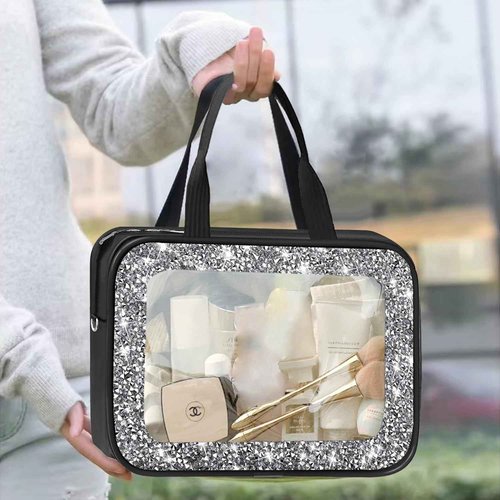Meetart Clear Makeup Bag.Crushed Diamond Travel Toiletry Bag with Detachable Shoulder Strap.Transparent Cosmetic Bag for Travel, Bathroom Storage.(Black)