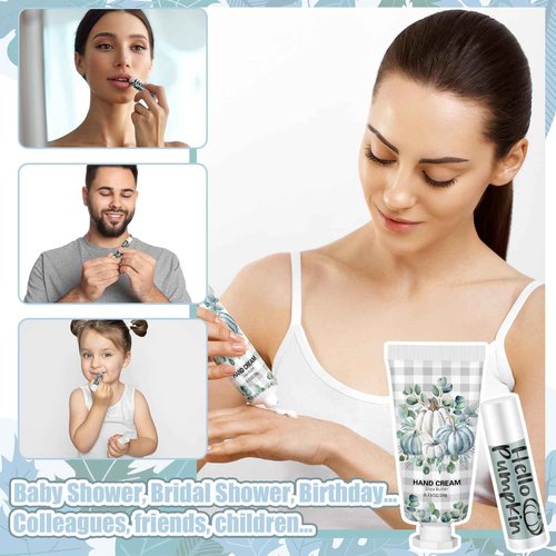 Heigble 144 Pcs Fall Pumpkin Lip Balm Hand Cream Set Party Favors, Include 36 Blue Pumpkin Lip Balm 36 Moisturizing Hand Cream 36 Bags 36 Cards and Ropes for Autumn Accessories Gifts