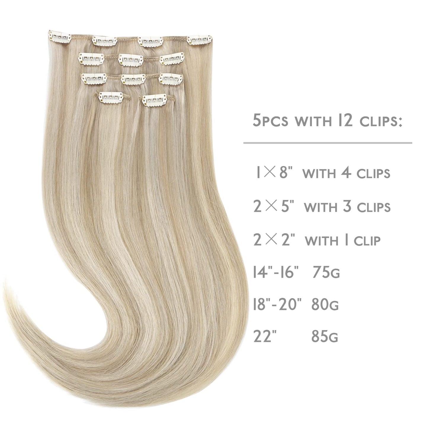 WENNALIFE Clip in Human Hair Extensions 75g 5pcs 16 Inch, Remy Clip in Hair Extensions Real Human Hair Ash Blonde Highlighted Platinum Blonde Virgin Human Hair Clip Ins Extensiones De Cabello Humano